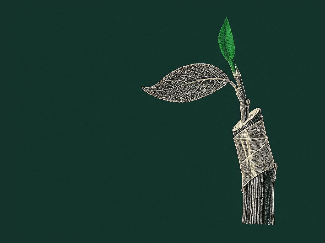 Incisione botanica di un innesto: un ramo legato al fusto con una fascia, una foglia chiara e una foglia verde.